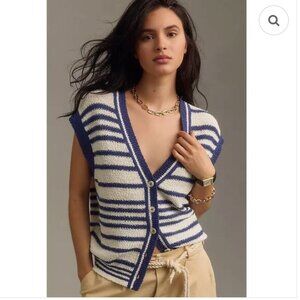 Anthropologie Maeve Button Sweater Vest  - Navy White Stripe - Small